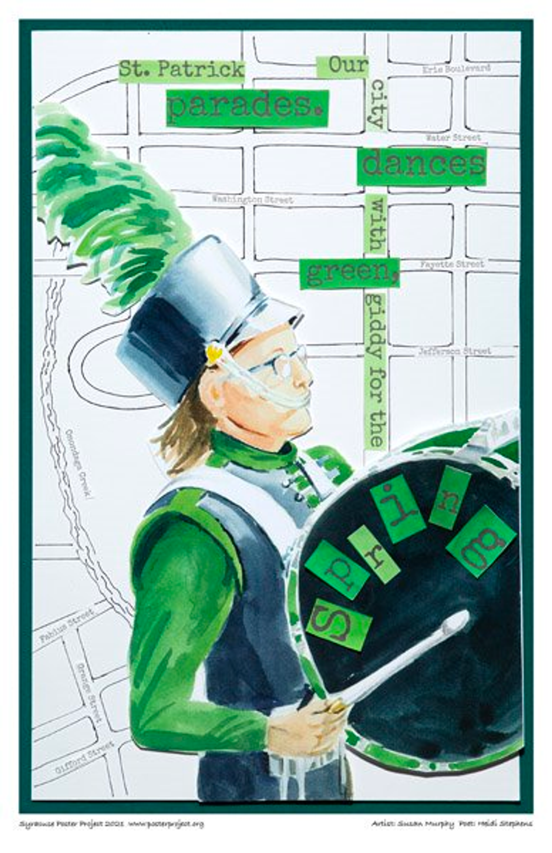 Marching band drummer depicted over a backdrop of the St Patrick's Day parade route through the Salina Street Historic District of Syracuse, NY