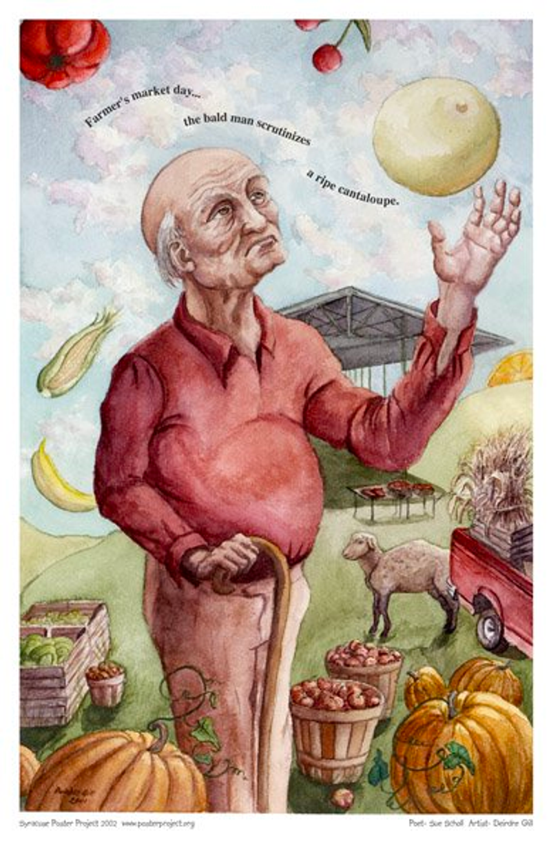 A man holding a cane tests a cantaloupe in his other hand at a farmer's market