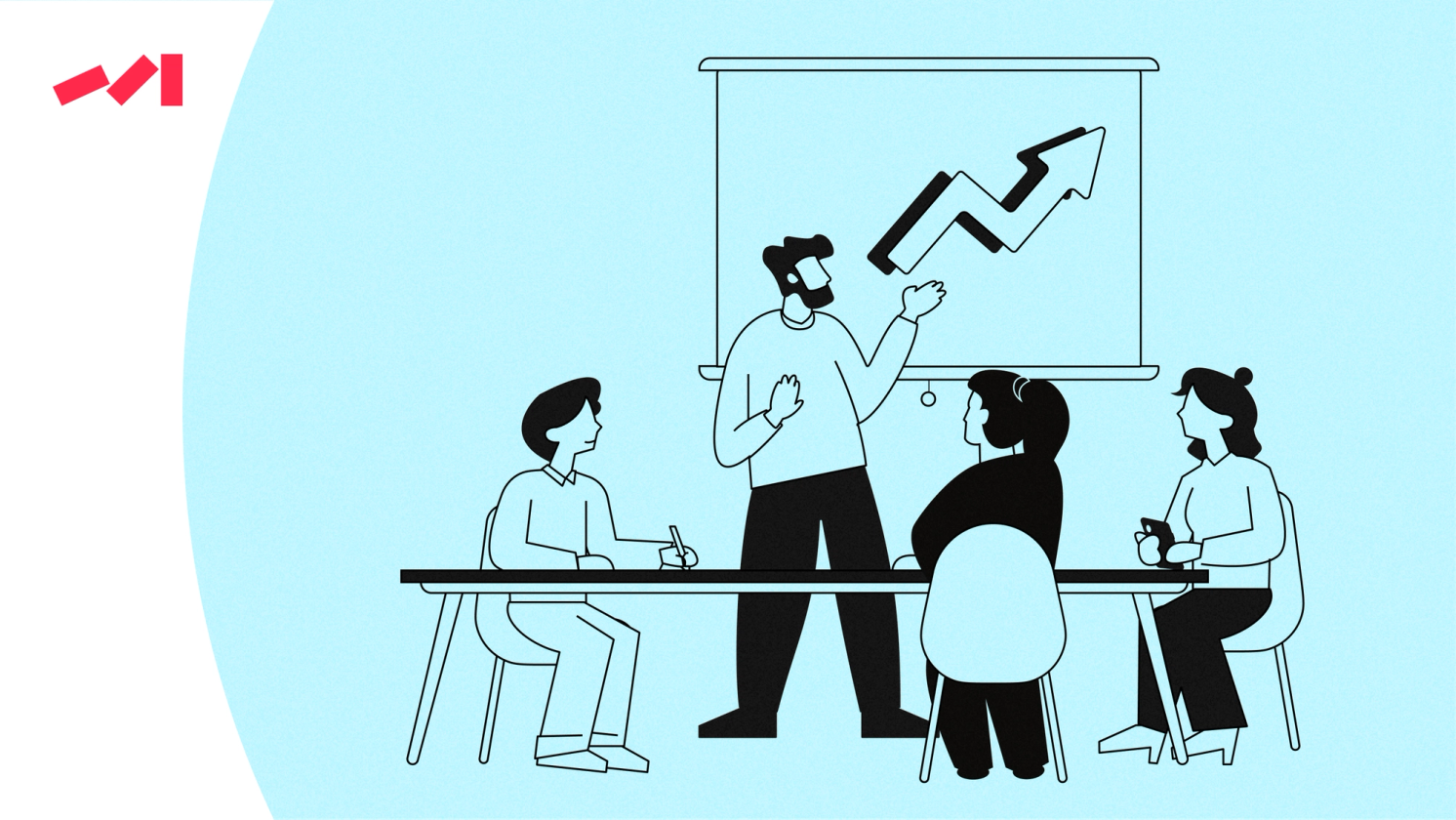 A person presenting a graph with an upward trend to three others in a meeting room.