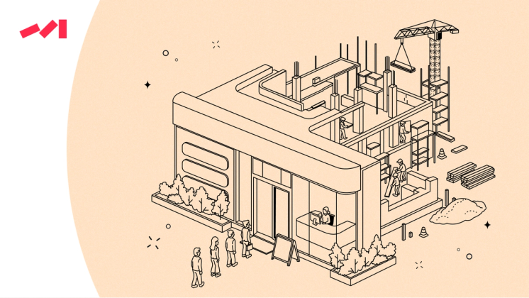 The image is an illustration of a building with people inside it and construction equipment around the outside. The drawing depicts a scene where workers are busy constructing the building, while others watch from the outside. There are several individuals in various positions within the building, some closer to the foreground and others further away. A crane can be seen near the top right corner of the image, indicating ongoing construction work.