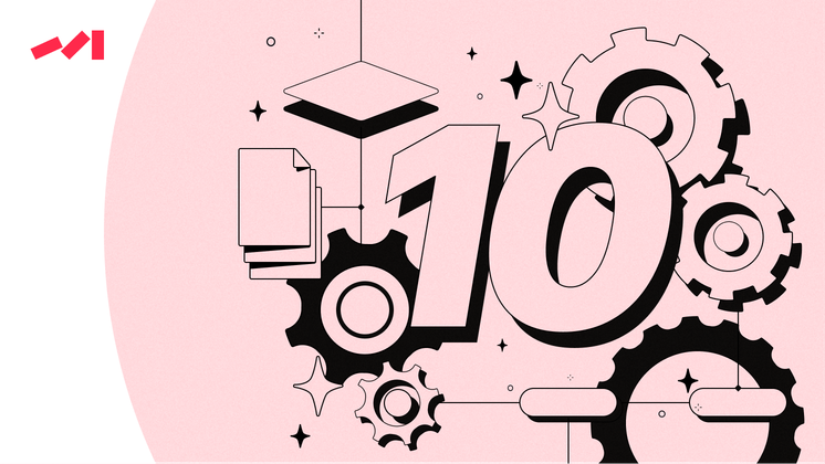 The image features an advertisement with a pink background and black numbers prominently displayed on it. The numbers are surrounded by various gears and other mechanical objects, creating a visually engaging scene that highlights the significance of the number 10. This creative design effectively captures attention and conveys the message about the importance or relevance of the number in question.