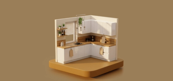 A modern kitchen design featuring white cabinets, wooden countertops, and decorative plants on shelves.