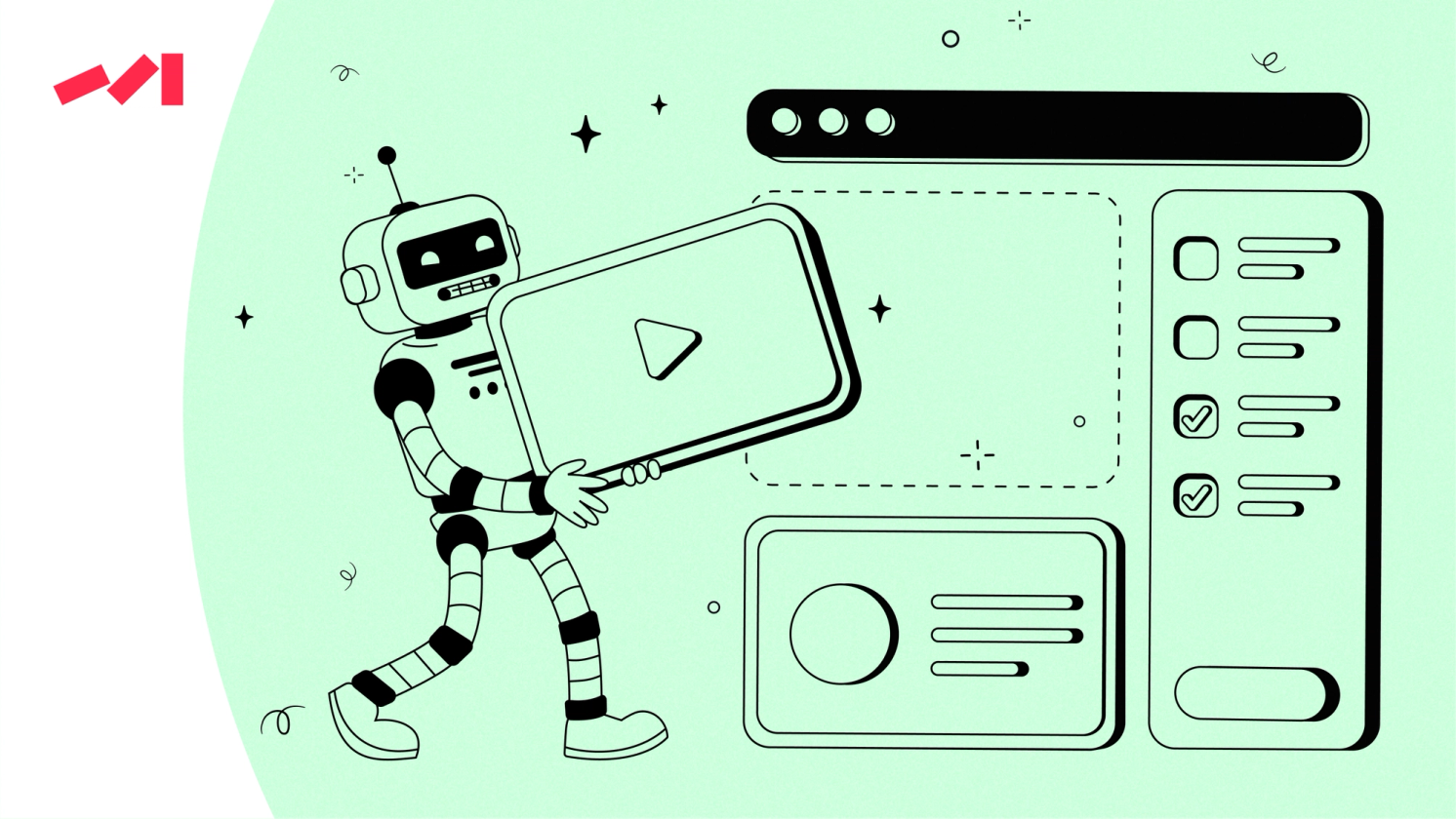 The image features an illustration of a robot holding up a video game controller on its arm. The robot is depicted as a green humanoid figure with arms and legs, giving it a lifelike appearance. It appears to be in motion, walking across the frame while carrying the controller. The scene takes place against a backdrop that includes a computer screen displaying a website's navigation bar and a mouse icon.