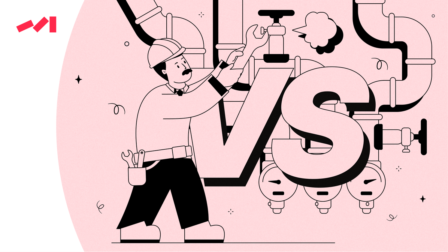 The image features an illustration of a man wearing a hard hat and holding a wrench while working on pipes. The scene is set against a pink background with black lettering that reads "VS". The man appears to be engaged in some sort of repair work or maintenance task, possibly related to plumbing issues.