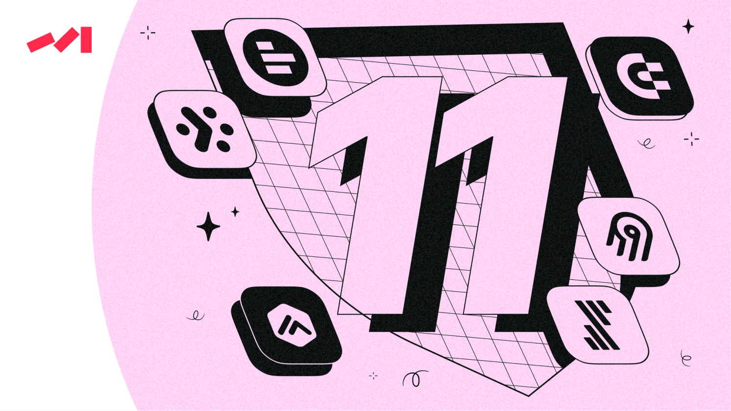The image features an abstract graphic design with a pink background and black elements. The main focus of the design is a large number 11, which is surrounded by various icons representing different social media apps such as Facebook, Twitter, Instagram, and Snapchat. These icons are scattered throughout the design in a visually appealing manner, creating a sense of depth and complexity to the overall composition.