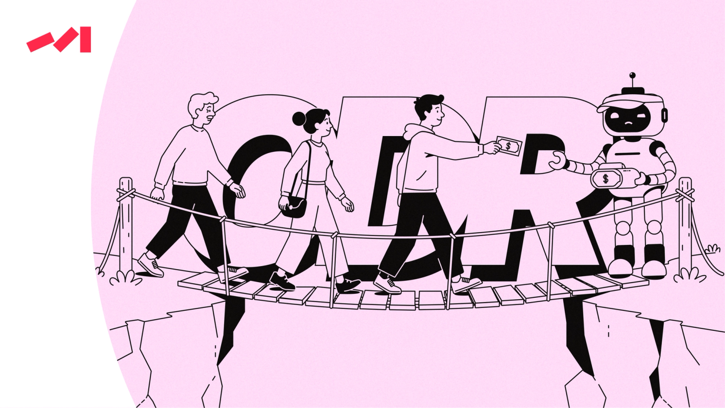 The image features an illustration of people walking across a bridge that is connected to another structure on the opposite side. There are four individuals depicted in the scene, with two of them standing and two of them walking. The bridge appears to be made of wood, and it spans across the entire width of the image. 

In addition to the people and the bridge, there is a robot situated towards the right side of the image. This robot seems to be interacting with the people on the bridge or simply observing their actions from a distance. The overall scene conveys a sense of collaboration between humans and robots in a shared space.