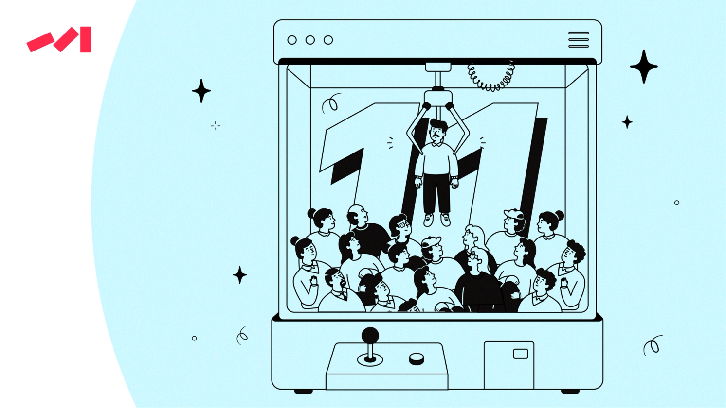 The image features an illustration of a group of people inside a claw machine with a cartoon-like style. The scene is set against a blue background and includes various elements such as a person holding onto a pole, another person standing on top of a box, and others interacting in the machine. The overall atmosphere appears to be fun and playful, capturing the essence of a classic carnival game.