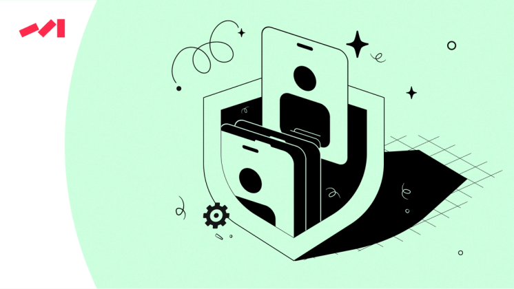 Illustration of two smartphones with user icons on a light green background, enclosed in a shield with decorative elements like gears and sparkles.