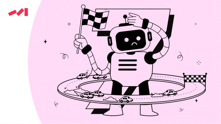 The image features an illustration of a robot standing on a track with cars around it. The robot is holding a flag and appears to be participating in a race or competition. There are several cars scattered throughout the scene, some closer to the robot while others are further away. The overall atmosphere suggests that this could be a futuristic or imaginative concept art piece rather than an actual photograph of a robot on a track with cars around it.