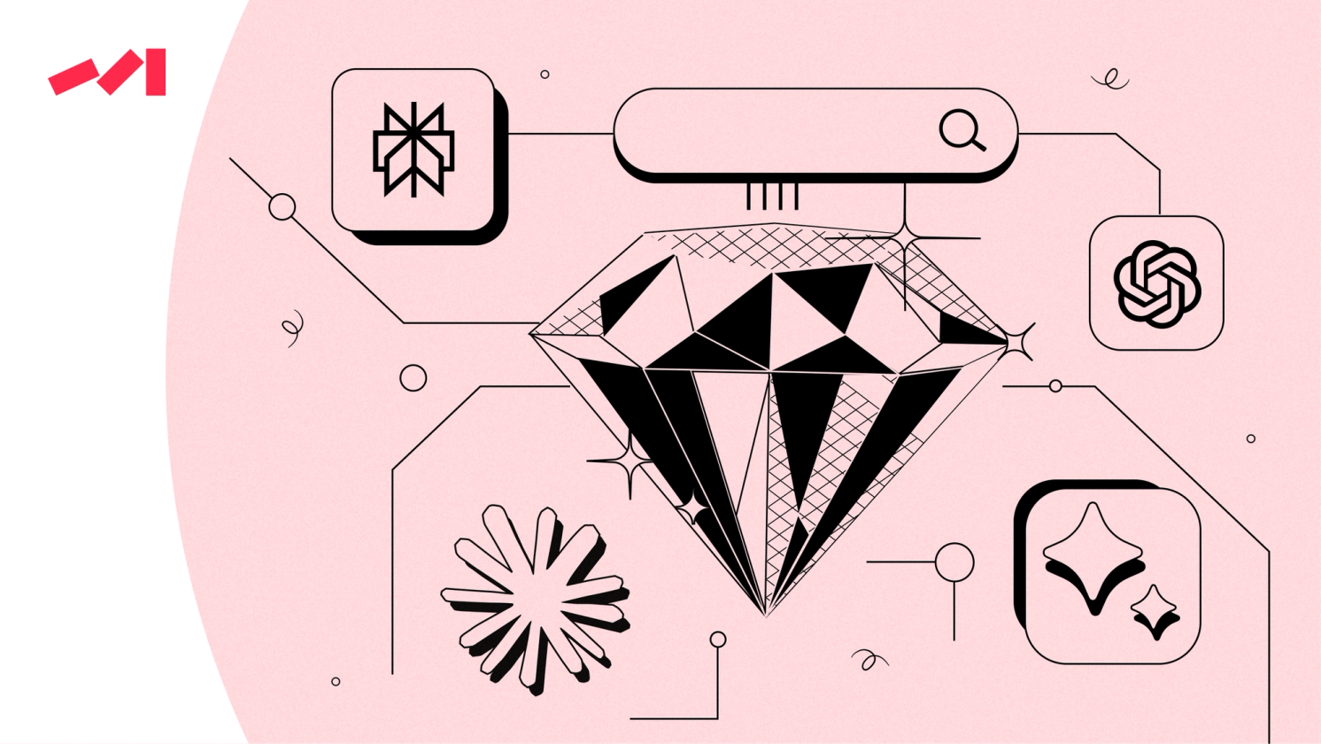 The image features an illustration of a diamond surrounded by various objects and icons on a pink background. The diamond is positioned at the center of the image, drawing attention to itself as the main focus. Surrounding the diamond are different shapes and symbols, including a heart, a star, a flower, and a robot. These elements contribute to the overall composition of the illustration, creating an interesting visual experience for viewers.