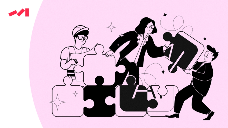 Three individuals work together to assemble large puzzle pieces against a pink background, with elements suggesting collaboration and creativity.