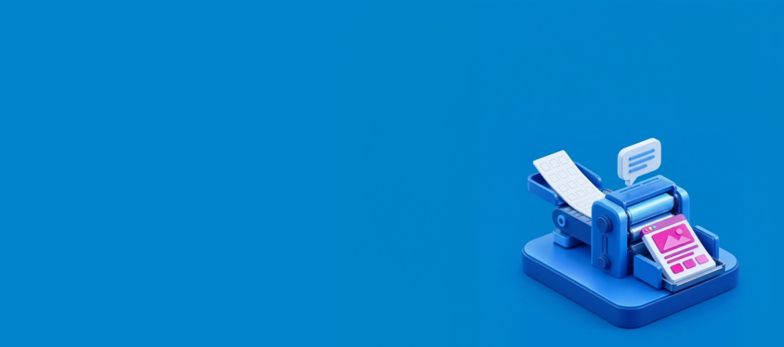 The image features a blue printer with a pink screen on top of it, sitting on a gray base. The printer is positioned towards the left side of the frame and appears to be ready for use. There are two other objects in the scene - one located at the bottom right corner and another near the center-left area.