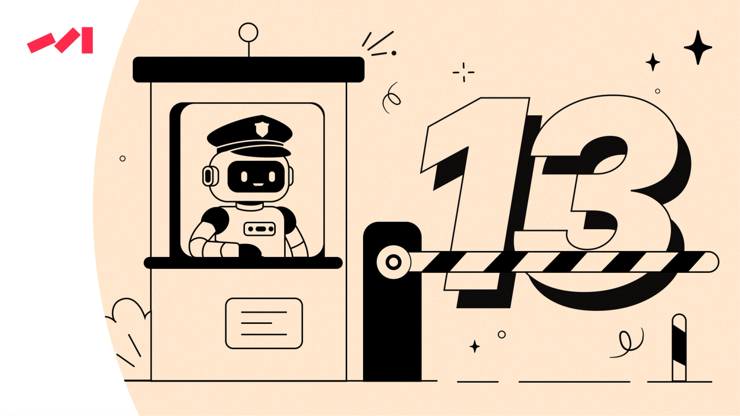 The image features an illustration of a robot standing at a gate with the number 13 on it. The robot is wearing a hat and appears to be guarding the entrance to the gate. This scene creates a playful and imaginative representation of a security guard using a robot as their protector, with the number 13 serving as a unique identifier for this particular guard.