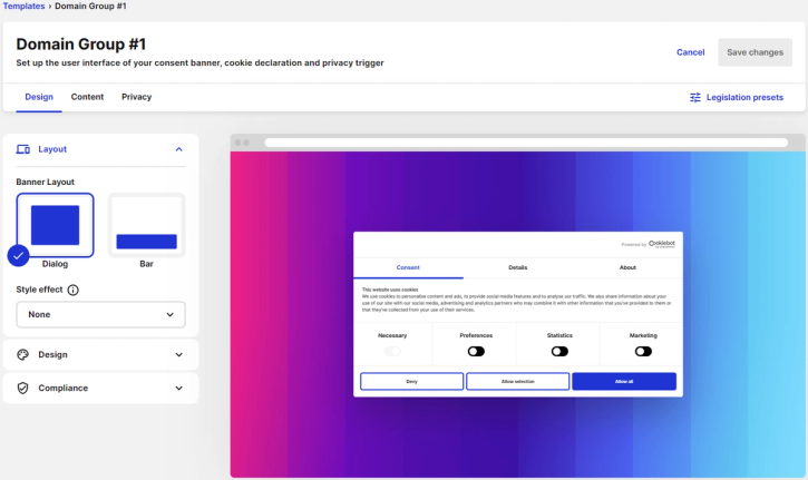 Cookiebot by Usercentrics interface
