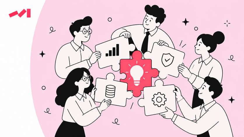 Illustration of five people assembling puzzle pieces around a lightbulb, with analytics, security, data and operations symbols.