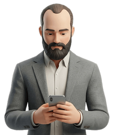 A 3D animated character with a beard, wearing a light gray suit and white shirt, looking at a smartphone.