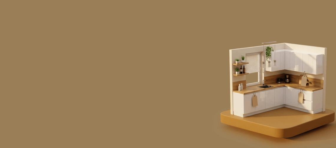 A modern kitchen design featuring white cabinets, wooden countertops, and decorative plants on shelves.