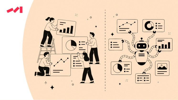 The image features two distinct scenes set against each other on a white background. In the first scene, there are people working together to create a diagram using various charts and graphs. The second scene depicts an individual robot assembling a chart by itself. These images showcase different aspects of collaboration between humans and technology in creating visual representations or data analysis tools.