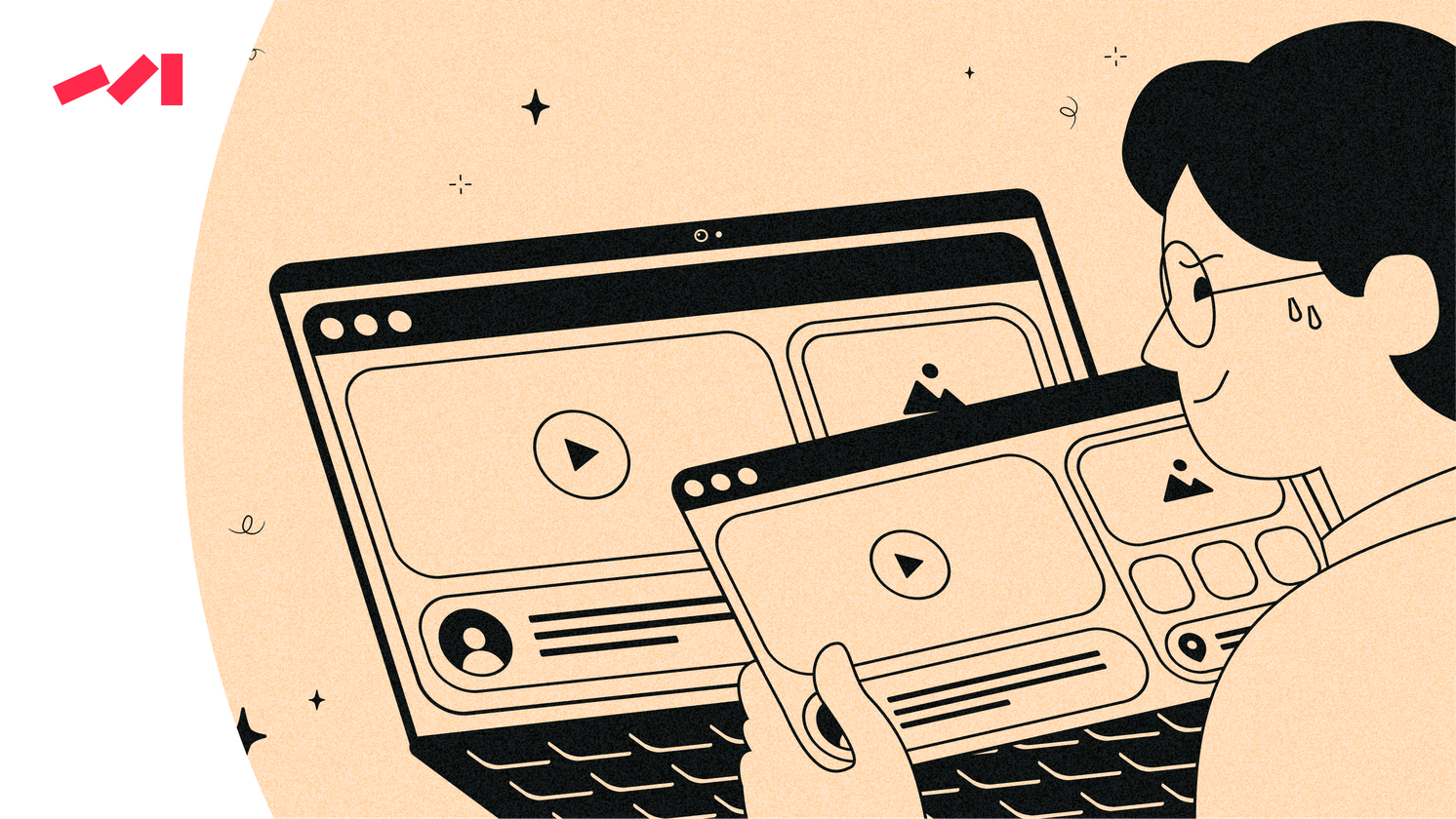 The image features an illustration of a person holding two laptop screens side by side and looking at them closely. The scene is set against a black background with white stars scattered throughout, giving it a starry atmosphere. The overall composition of the image suggests that the person might be comparing or analyzing content displayed on both laptops simultaneously.