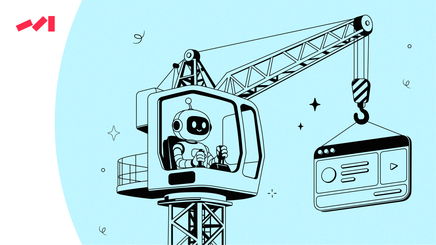 The image features an illustration of a man wearing a suit and tie, climbing up a rope ladder while holding onto a monitor. The scene is set against a pink background with various computer screens displaying different graphs and charts. This unique combination of elements creates an interesting visual representation that could be used for advertising or as part of a creative project.