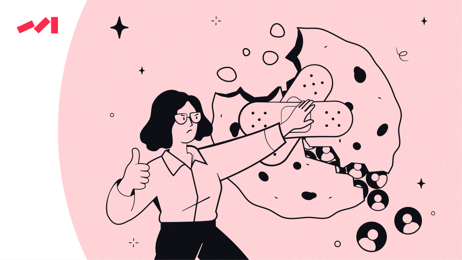 The image features an illustration of a woman wearing glasses and giving a thumbs up while holding a cookie with a bite taken out of it. The scene is set against a pink background that includes stars, giving it a whimsical and playful atmosphere. The woman appears to be the main subject in the image, drawing attention as she interacts with her surroundings.