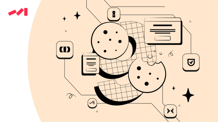 The image is an illustration of two cookies with holes on top and bottom sides, surrounded by various other objects such as stars, circles, and squares. The cookie-like shapes are placed throughout the scene, creating a whimsical and playful atmosphere.