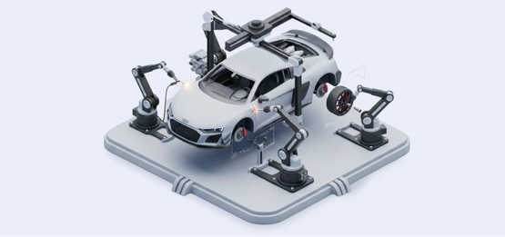 The image shows an impressive 3D rendering of a white car with various machines and robots surrounding it on all sides. The car is being serviced by several robotic arms that are working together to repair and maintain its components. These machines appear to be operating in different directions, indicating the complexity of the servicing process. The scene captures the essence of modern technology and automation in the automotive industry.