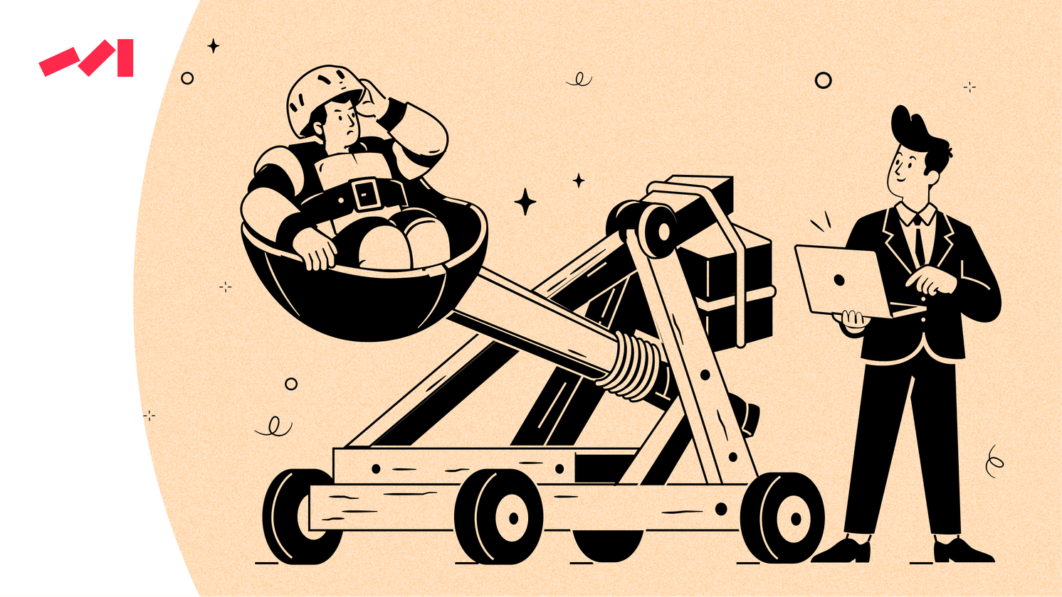 The image features two men standing next to each other with one man holding a laptop and another man holding a box. The scene appears to be set on a construction site where they are working together. One of the men is wearing a helmet for safety while operating the contraption, which could possibly be an old-fashioned cannon or a similar device.