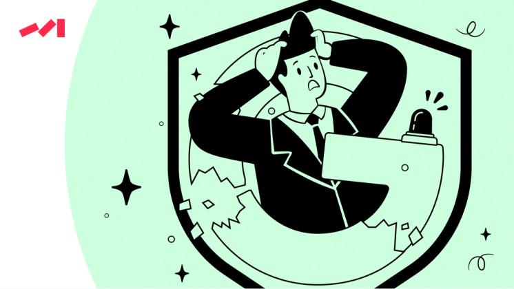 The image features an illustration of a man wearing a suit and tie, who appears to be in distress as he holds his head up high with his hands on his shoulders. The scene is set against a green background adorned with stars, giving it a whimsical feel. The man's position within the shield-like structure suggests that he might be facing some sort of challenge or problem.