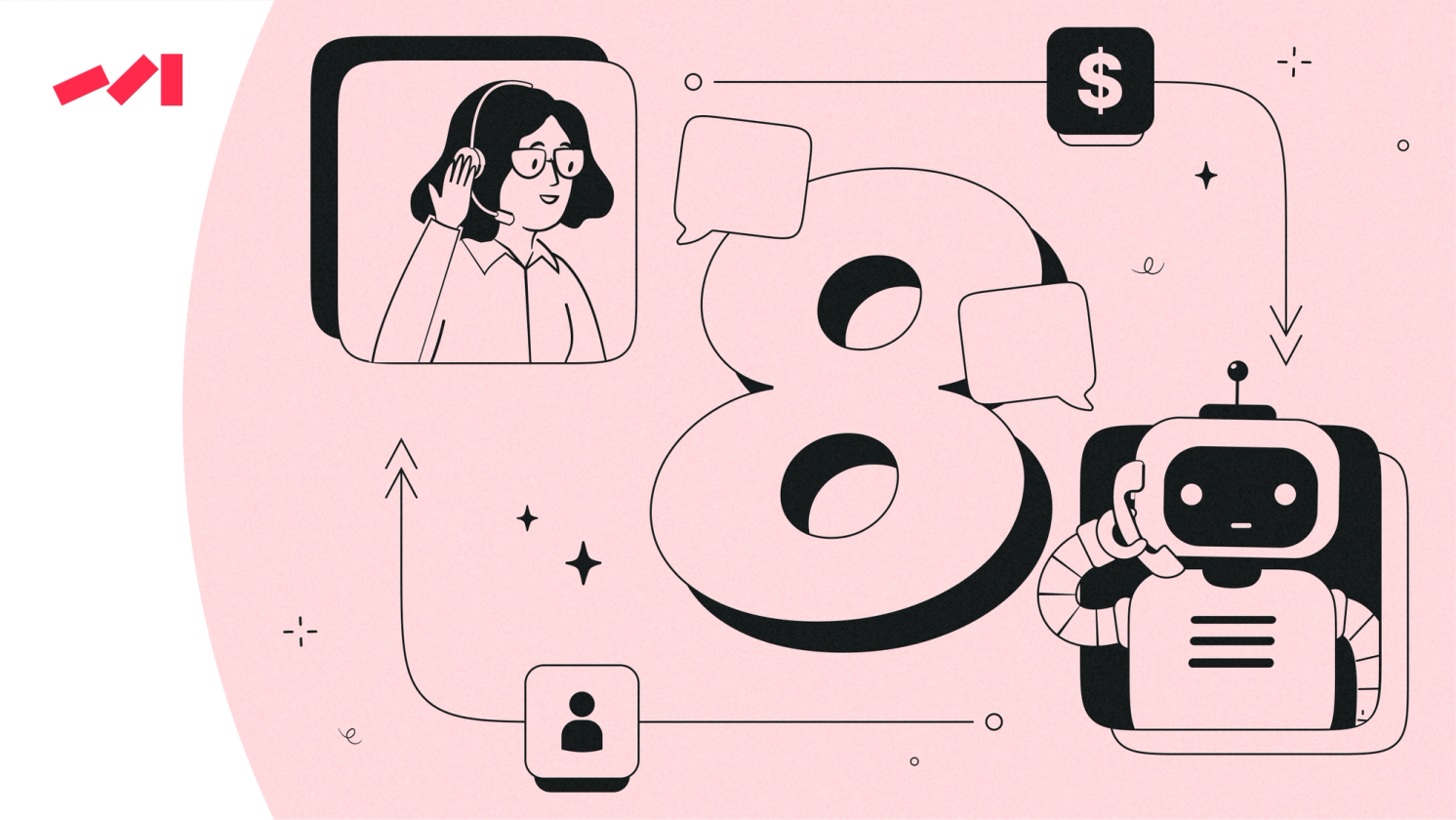 The image features an illustration of a woman talking on her cell phone with a robot standing behind her. The robot is holding up a sign that says "8", and there are other signs around it as well. In addition to these elements, there's also a person in the background who appears to be listening to the conversation between the woman and the robot.