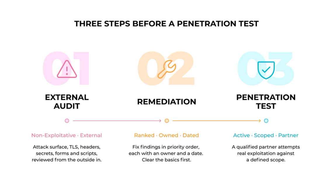 The image is an infographic that explains three steps before a penetration test. The infographic features three different colored lines representing each step of the process. The first line represents the external auditor's role and the second line represents the penetration tester's role. The third line shows the penultimate stage, which is the penetration testing itself. Each color in the image corresponds to one of the steps: pink for the external auditor, orange for the penetration tester, and blue for the penultimate stage.