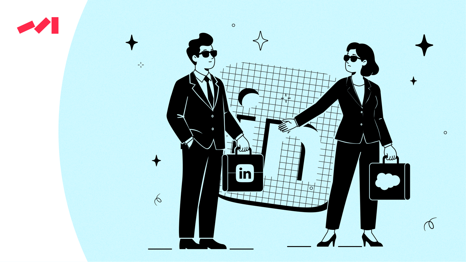 The image features two business people dressed in suits and ties standing next to each other with their hands together, possibly shaking hands as they engage in conversation. One person is wearing sunglasses, adding a stylish touch to his appearance. Both individuals are carrying briefcases, which further emphasizes the professional nature of their attire. The scene takes place on a blue background adorned with white stars, giving it an elegant and sophisticated feel.