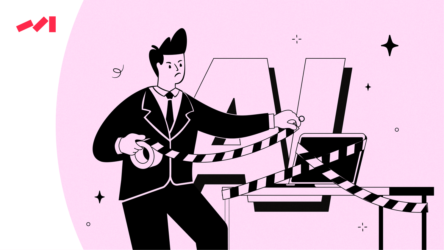 The image features an illustration of a man dressed in a suit and tie standing next to a computer monitor with a keyboard on it. The man appears to be holding a remote control in his hand while looking at the screen of the computer monitor. This scene suggests that he might be working or using the computer for entertainment purposes, such as watching movies or playing video games.