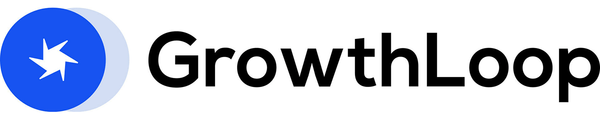 The image features an advertisement with a gray background and white text that reads "GrowLoop". The logo is blue and consists of a circle containing a star on top. The company name "GrowLoop" is written in black letters below the logo, and it appears to be a part of a larger banner or sign.