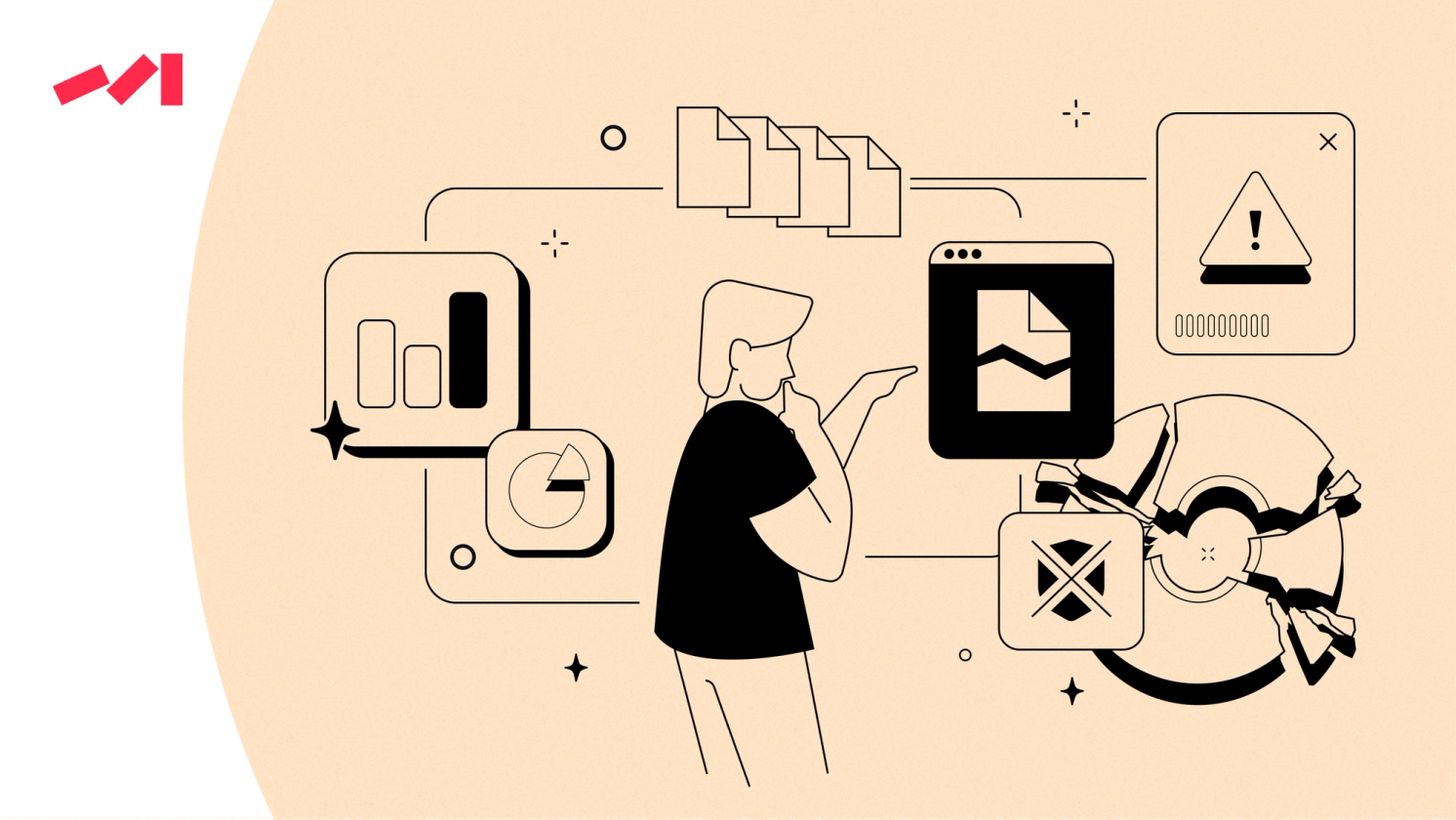 The image features an illustration of a man standing next to a computer screen with a keyboard and mouse on it. The man is holding a cell phone in his hand as he looks at the screen. There are several other elements in the scene that include icons for a virus scanner, a file explorer, and a folder icon. Additionally, there's a person wearing a backpack near the center of the image.