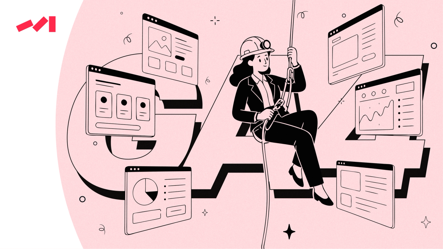 The image features an illustration of a man wearing a suit and tie, climbing up a rope ladder while holding onto a monitor. The scene is set against a pink background with various computer screens displaying different graphs and charts. This unique combination of elements creates an interesting visual representation that could be used for advertising or as part of a creative project.