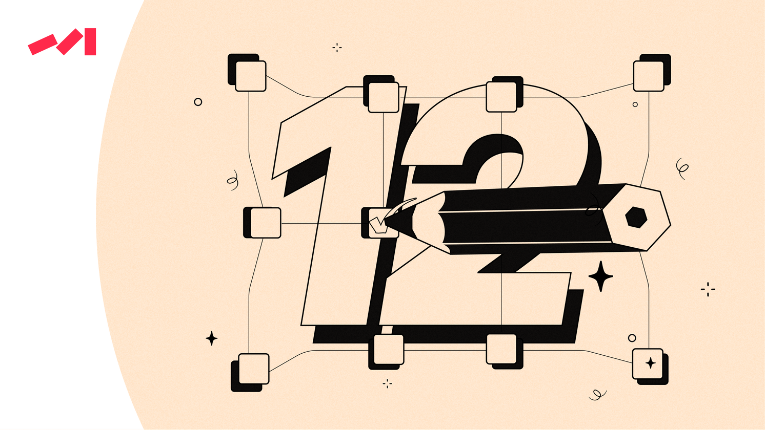 The image features an abstract graphic design with a large number "12" prominently displayed at the center of the frame. The number is composed of various shapes and lines that create a visually striking representation of the number 12. The design also includes a star located towards the right side, adding to its unique and eye-catching appearance.