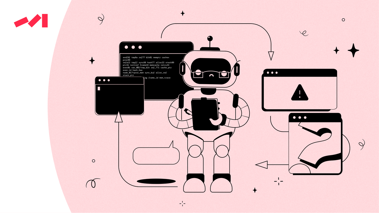 The image features an illustration of a robot standing on its hind legs and holding a computer monitor with both hands. The robot is depicted as a black figure against a pink background, giving it a unique appearance. Surrounding the robot are various computer-related objects such as keyboards, mice, and screens, suggesting that this scene could be set in an office or workspace environment.The image features an illustration of a man dressed in a suit and tie standing next to a computer monitor with a keyboard on it. The man appears to be holding a remote control in his hand while looking at the screen of the computer monitor. This scene suggests that he might be working or using the computer for entertainment purposes, such as watching movies or playing video games.