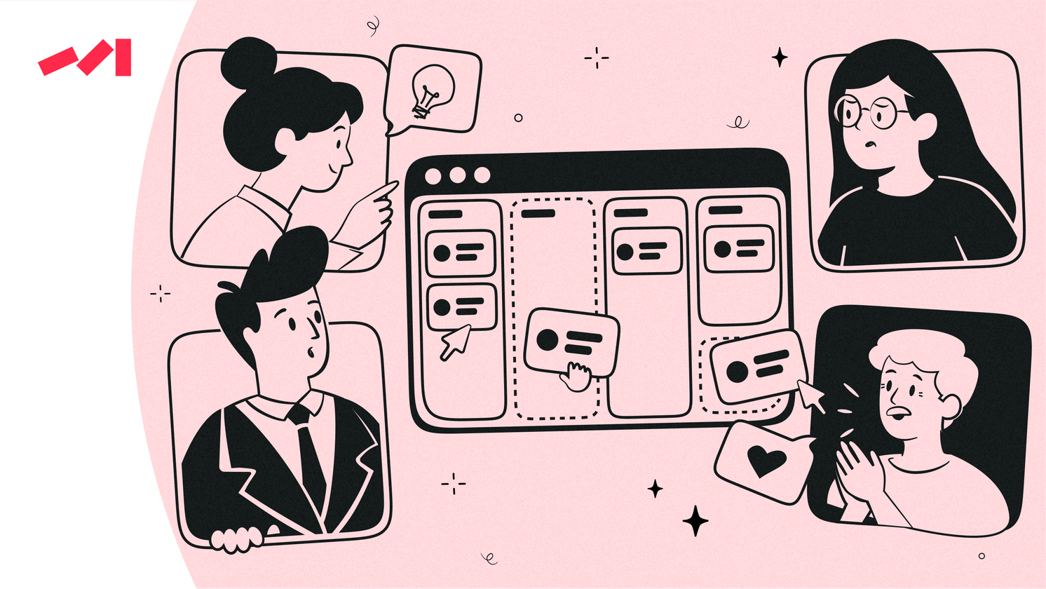 The image features an illustration of four people sitting around a computer screen displaying a project management dashboard. The characters are depicted as cartoon-like figures with various expressions and postures, adding a whimsical touch to the scene. Each person is engaged in different activities on the computer screen, such as typing or looking at something else.

The background of the image is pink, which complements the overall color scheme of the illustration. The project management dashboard itself appears to be a large piece of paper with multiple sections and icons representing different aspects of the project. This creative representation effectively conveys the collaborative nature of the work being done by these individuals.