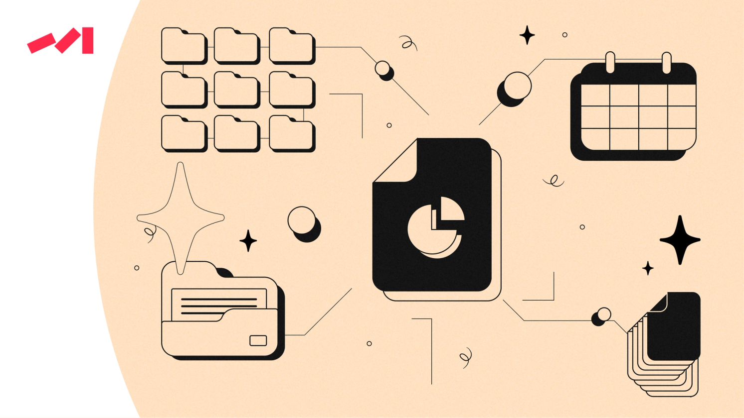 The image features an abstract graphic design with various objects and icons scattered across it. The main focus of the design is a large black circle surrounded by smaller circles, which could represent a pie chart or some other type of graph. Surrounding this central element are several other shapes such as rectangles, triangles, and stars, adding to the complexity and visual interest of the piece.

In addition to these elements, there are also two books placed in different parts of the image, one on the left side and another towards the right. The overall composition of the design is visually engaging and thought-provoking, inviting viewers to explore its meaning and context further.