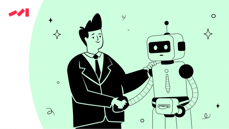 The image features two robots sitting at a table with laptops and other computer equipment on it. One of the robots is pointing towards something on the laptop screen while the other robot appears to be engaged in conversation with its companion. The scene suggests that these robots might be working together, possibly as part of an office or collaborative setting.