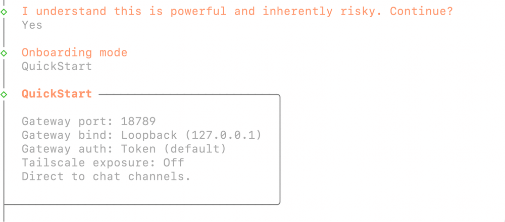 Text-based interface showing a prompt about onboarding mode with options and configurations related to QuickStart.