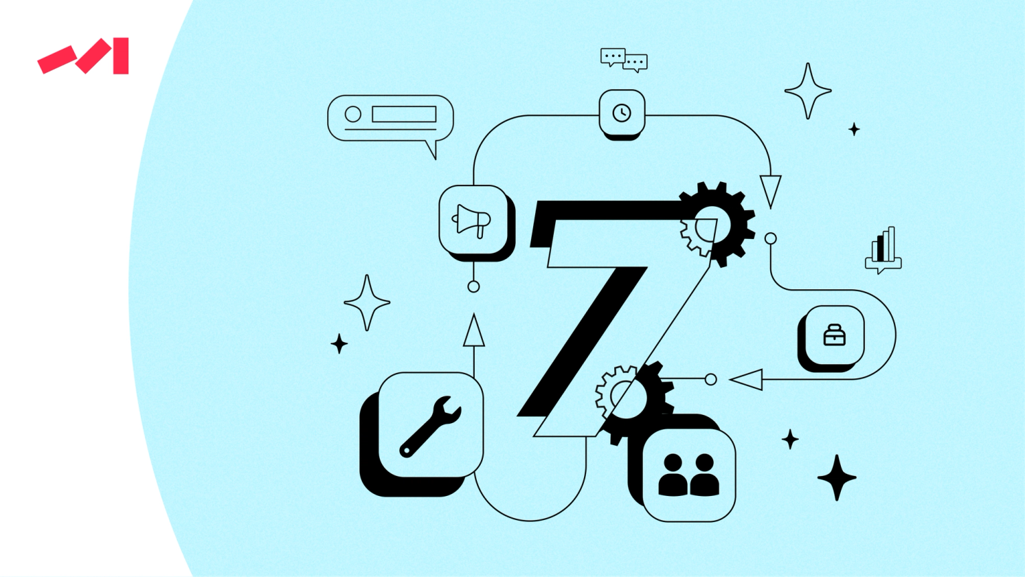 Illustration featuring the number 7 surrounded by various icons representing tools, communication, teamwork, and analytics on a light blue background.