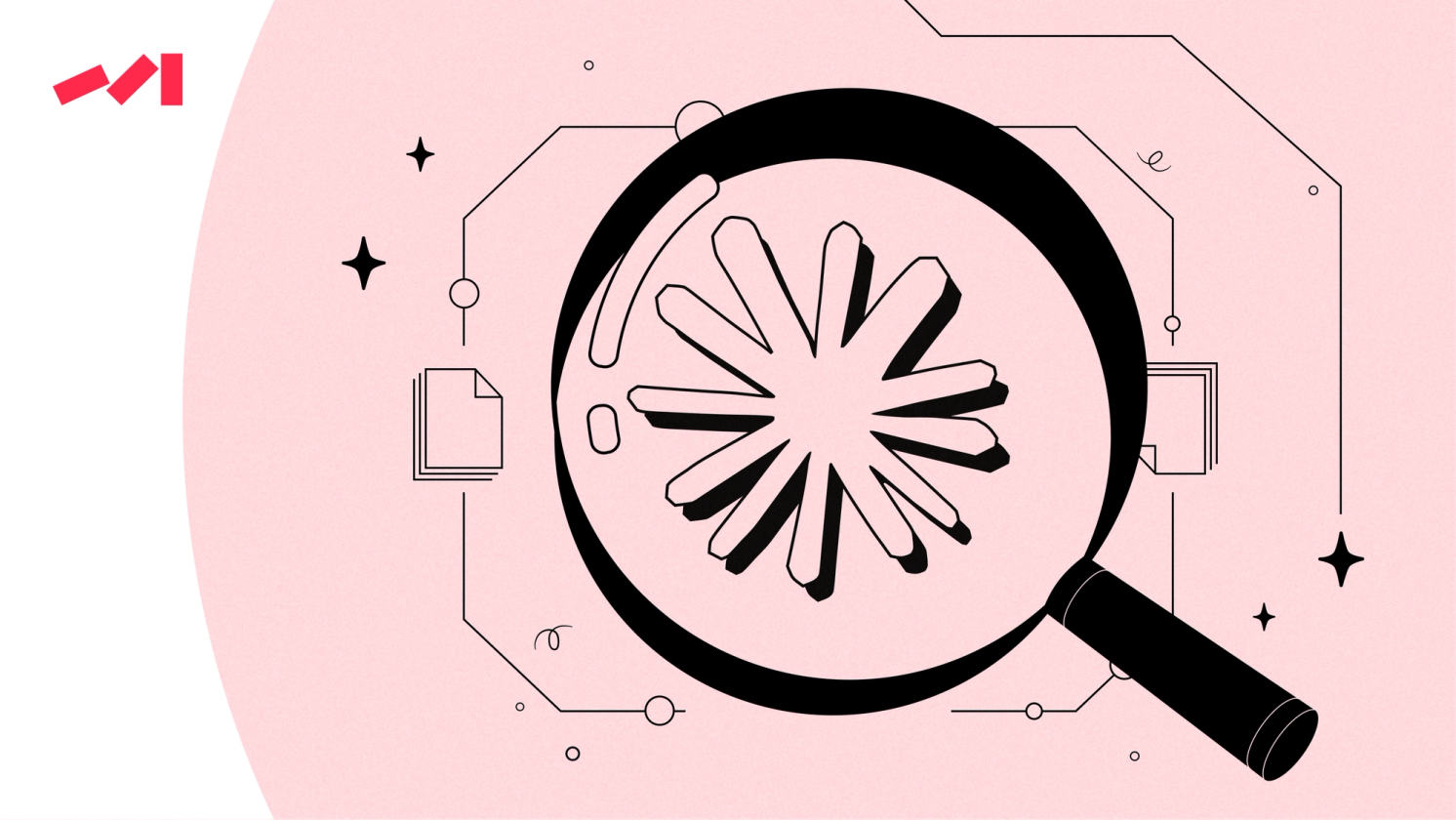 The image features an illustration of a magnifying glass with a flower design on it. The magnifying glass is positioned over a pink background and appears to be open, allowing light to pass through and illuminate the flower design. The overall composition of the image creates a visually appealing contrast between the black and white elements, such as the magnifying glass and the flower design.