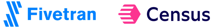 The image features two logos side by side on a gray background. The logo of "FIVETRAN" is blue and white, while the logo of "CENSUS" is pink with a purple triangle shape. Both logos are located at the top left corner of the image.