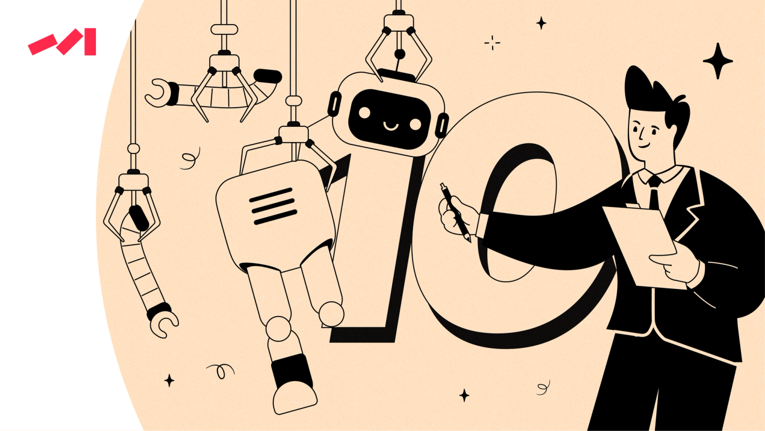 The image features an illustration of a man and two robots standing next to each other on a beige background. The man is holding a piece of paper while the two robots are positioned behind him. One robot appears to have arms, giving it a more human-like appearance. The scene seems to depict a futuristic setting or perhaps a comic strip with the man as the main character and the robots as his companions.