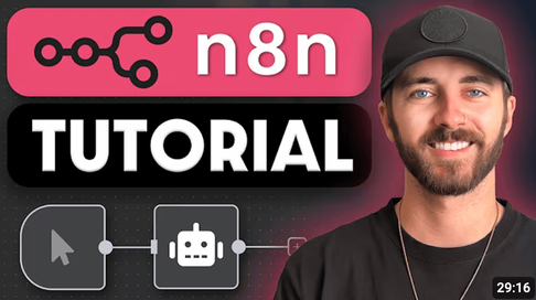 A man with a beard wearing a hat smiling in front of text that says "n8n TUTORIAL" with graphic elements.