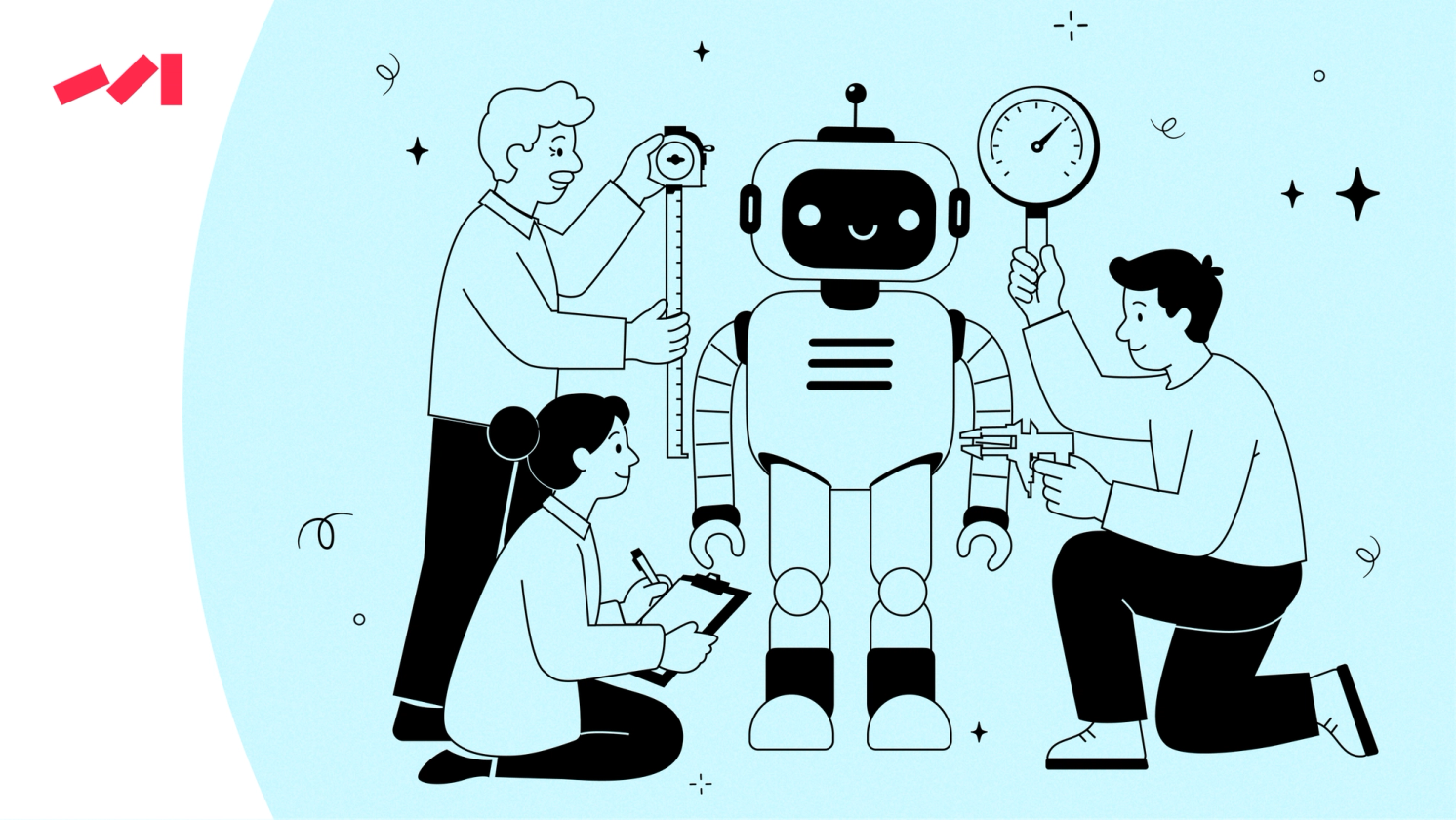 The image features a group of people working together to build and assemble a robot. There are four individuals actively engaged in the process, with two men kneeling down next to each other on the left side of the scene, while another man is standing up holding a tool. On the right side, there's one person who appears to be looking at something or observing the progress being made by the others. The robot itself can be seen in the middle of the image, with its arms and legs visible as it takes shape under their collective efforts.