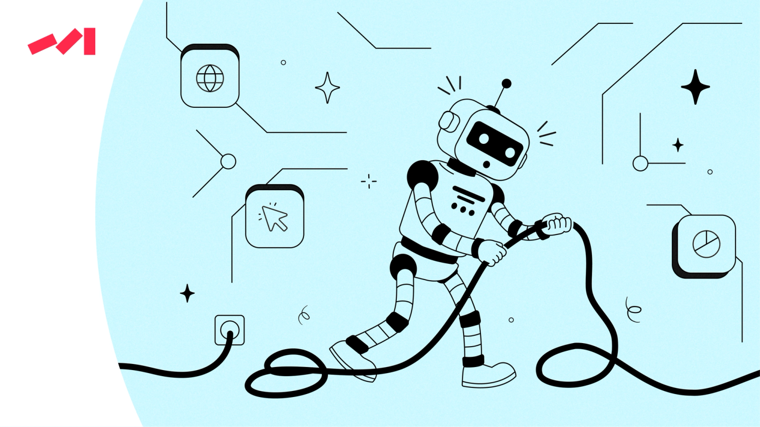 The image features a cartoon robot with a face and arms holding a power cord. The robot is walking across a blue surface while pulling the cord attached to it. There are several other objects scattered around the scene, including a clock on the right side of the image and two stars in the top left corner.
