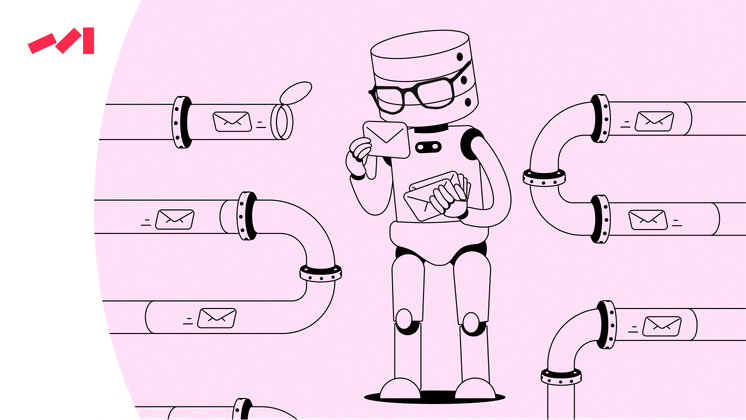 The image features an illustration of a robot standing on its hind legs and holding a book in its hands. The robot is surrounded by numerous pipes that extend into the background, creating a sense of depth to the scene. The overall composition gives off a playful and whimsical vibe, as if the robot is engaging with the world around it or perhaps even reading from the book it holds.